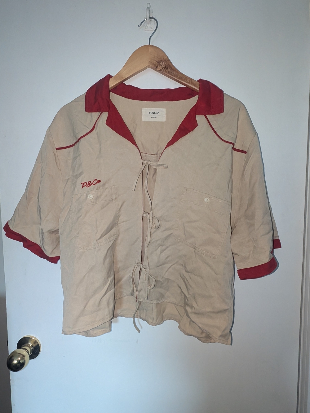 P&Co Beige and Red Tie-Front Crop Top